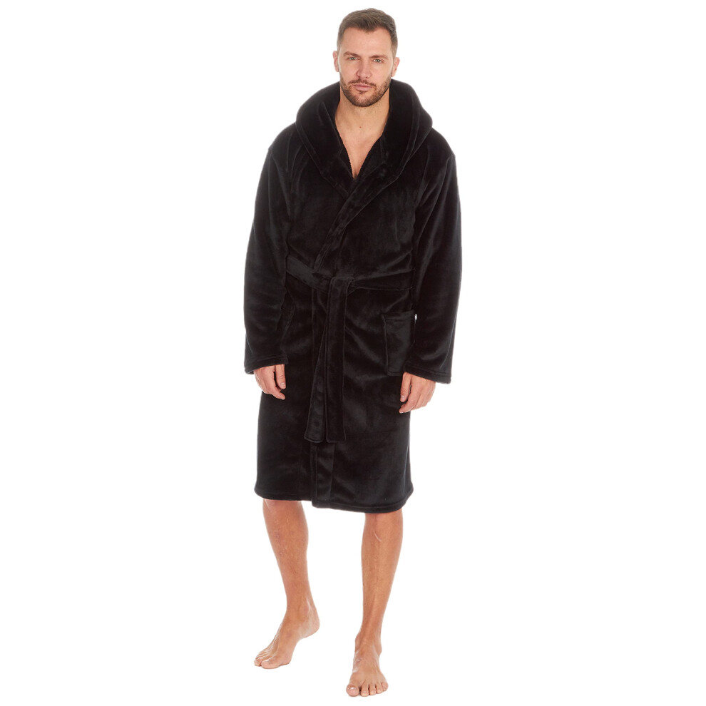 (Black, 4XL) Mens Adult Plus Size Big And Tall Dressing Gown Bath Robe Loungewear Warm Soft Cosy Luxury Plush Fleece Hood Pockets Plain Size M L Xl Xx