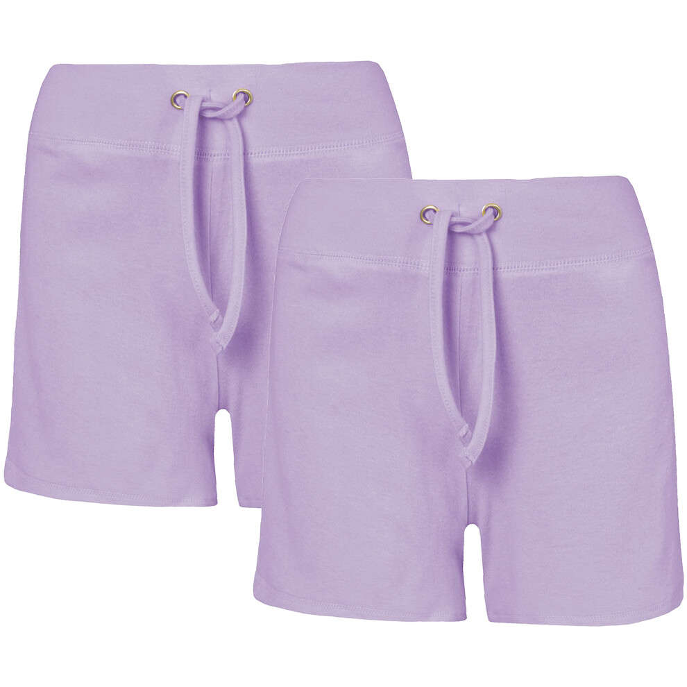 (2 Pack Lilac, L) Ladies Women 2 Pack Shorts Hot Pants Lounge Bottoms Cotton Stretch Lightweight Soft Summer Elastic Waist Casual Running Beach S M L Xl Xxl Uk