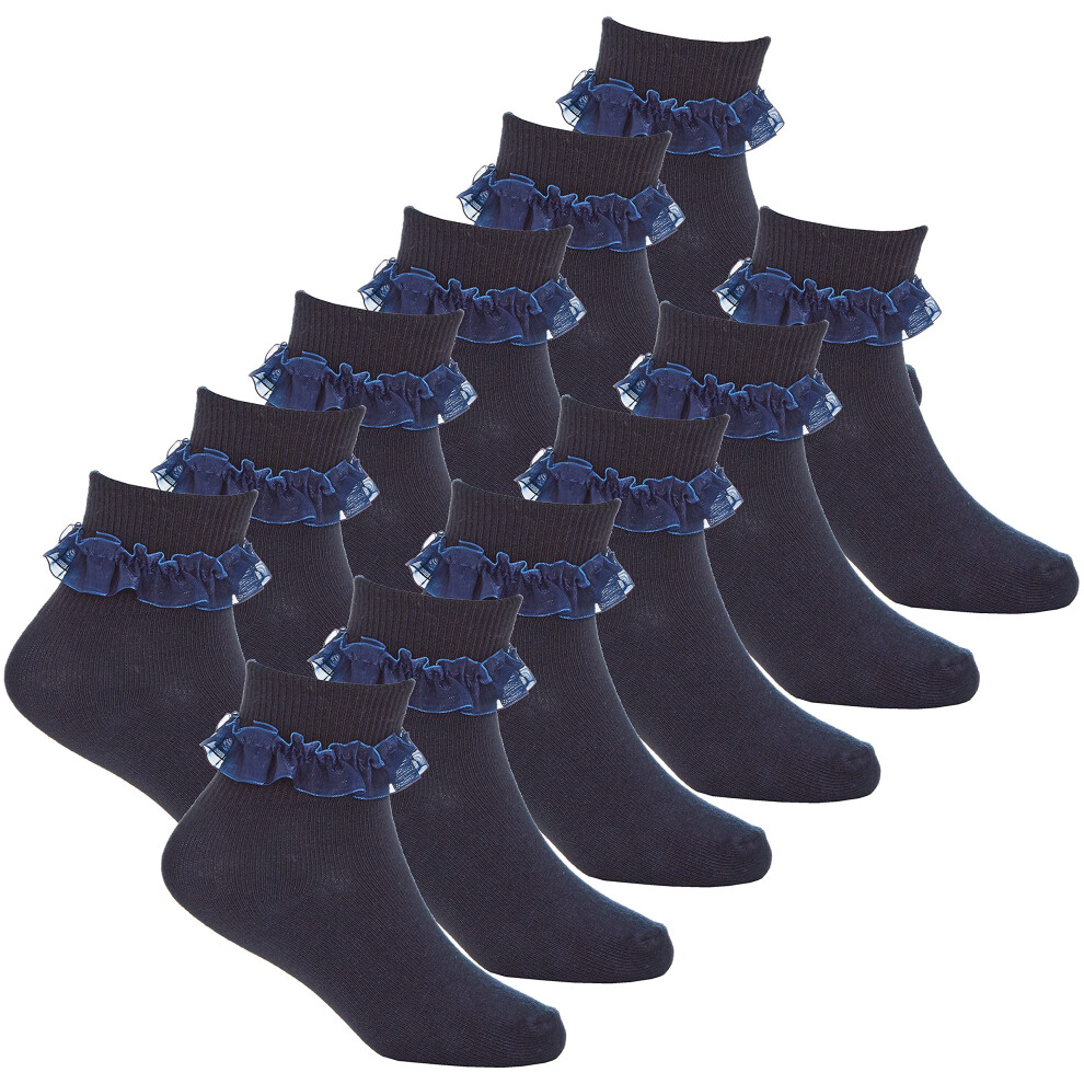 (Navy- 6 Pairs, 4-5.5) 6 Pairs Childrens Girls Frilly Socks Ankle Back To School Uniform Lace Ruffle Navy Black White Grey Size 6.5-5.5-image-OPC-PFRYXWW-NEW