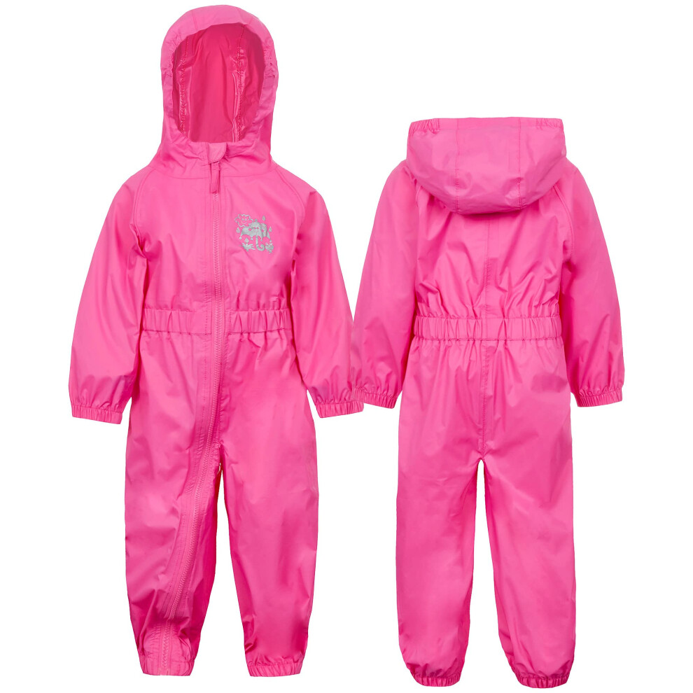 (Pink, 3-4 Years) Kids Girls Boys Puddlesuit Rain Tracksuit Waterproof All In One Raincoat Bright