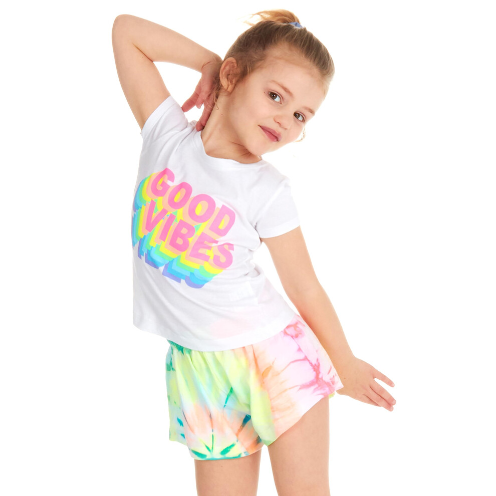 (White, 3-4 Years) Kids Girls Short Sleeved Pyjama Set Lounge Summer 100% Cotton Neon Print Tie Dye White Sizes 2-3 Up To 13 Years