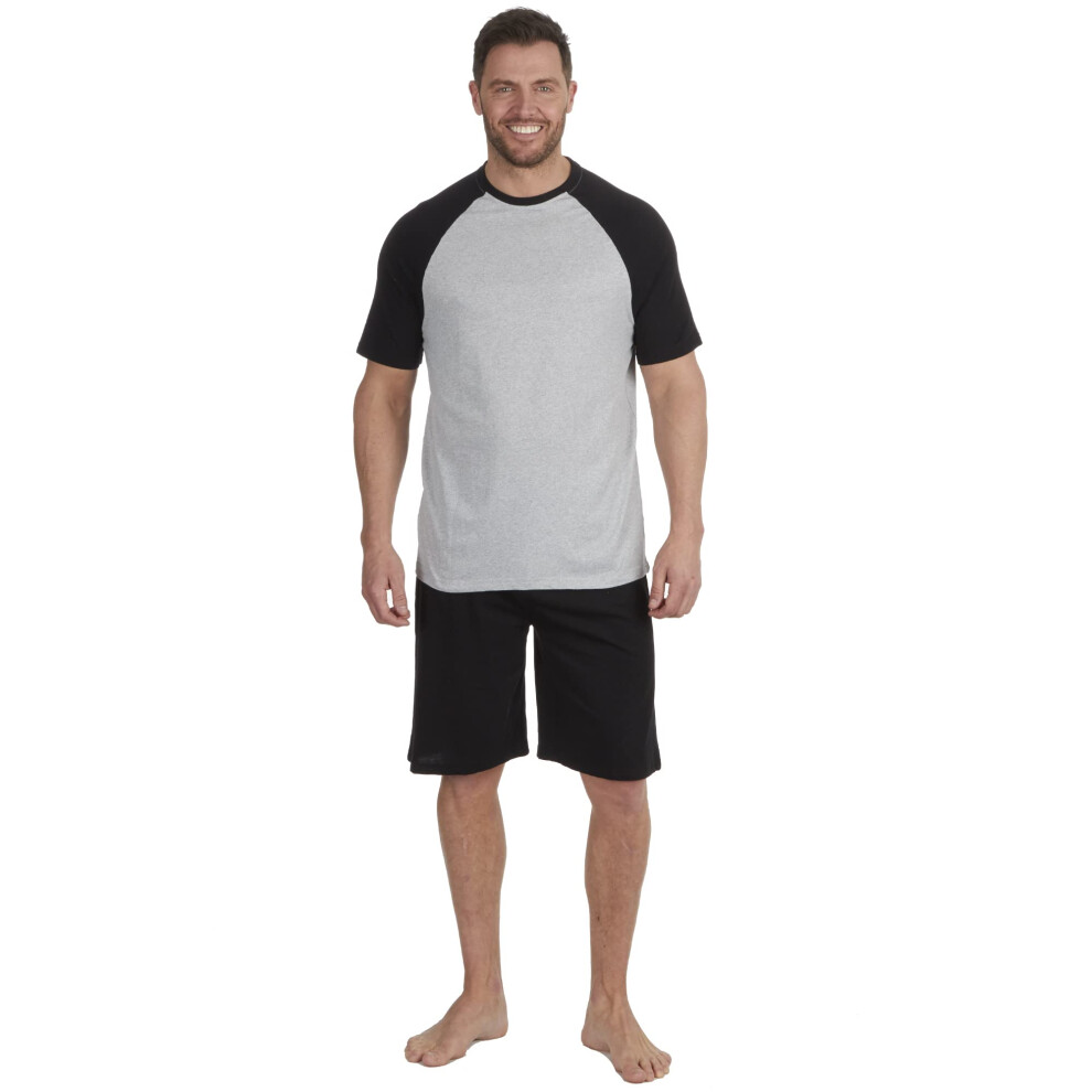 (Black, Medium) Mens Contrast Raglan Design Short Sleeved Set Summer Pjs Loungewear 100% Recycled Yarn Size S-Xxl