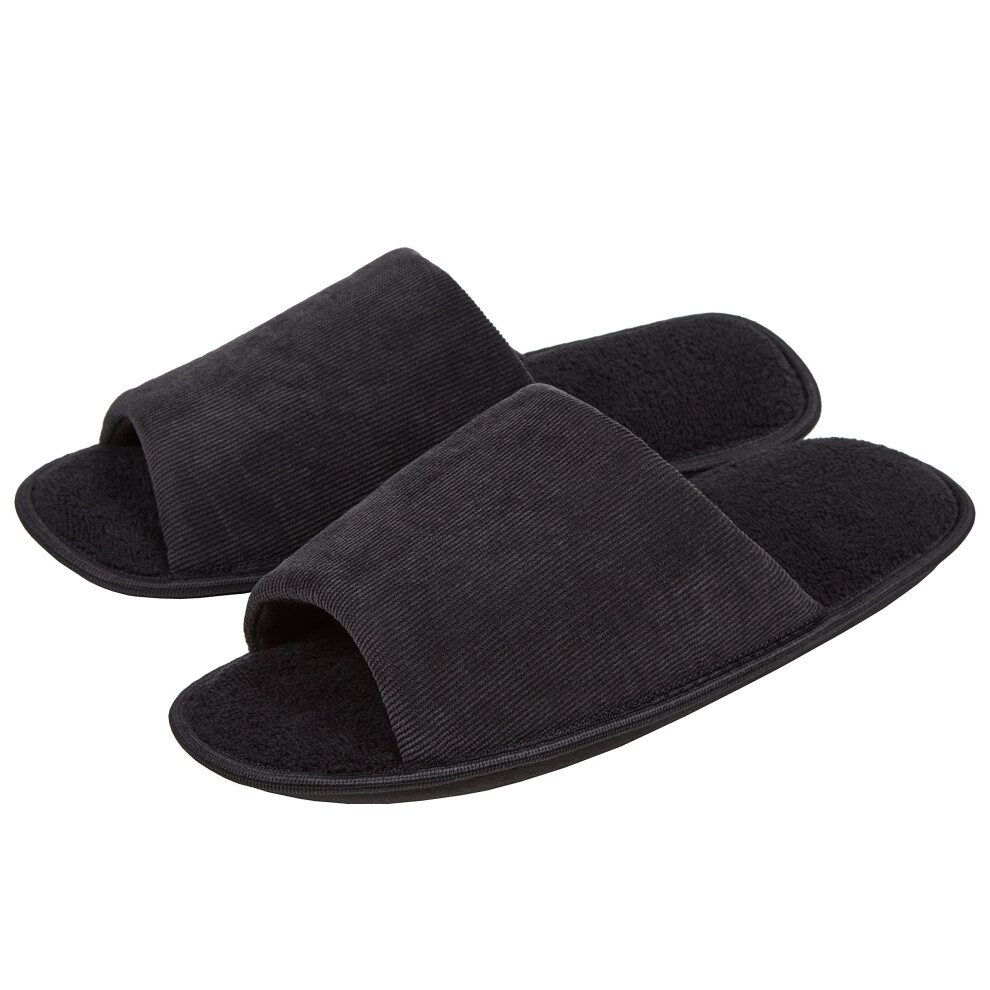 (Black, 8-9) Mens Open Toe Mule Slippers Memory Foam Slip On Corduroy Solid House Indoor 6-11
