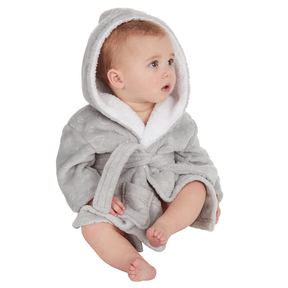 (Grey, 18-24 Months) Baby Girls Boys Embossed Moon Stars Sherpa Lined Hood Dressing Gown Size 6-24 Months-image-OPC-PFRZBDH-NEW