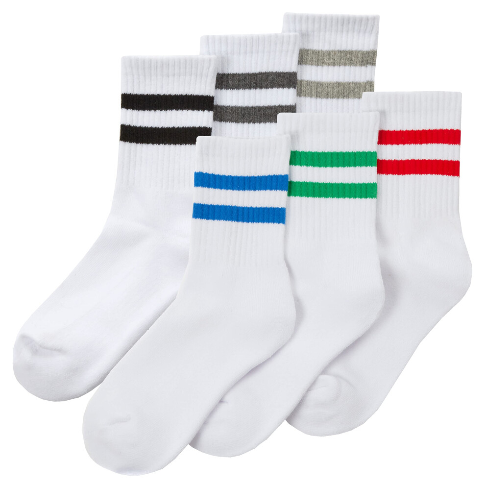 (Colour & Grey Stripes - 6 Pairs, UK 4-6 / EUR 37-39) Kids Boys Cotton Rich 3 Or 6 Pairs Sport Crew Socks Ribbed White With Stripe Leisure Socks Size From Uk 9-12 Up To 4-6