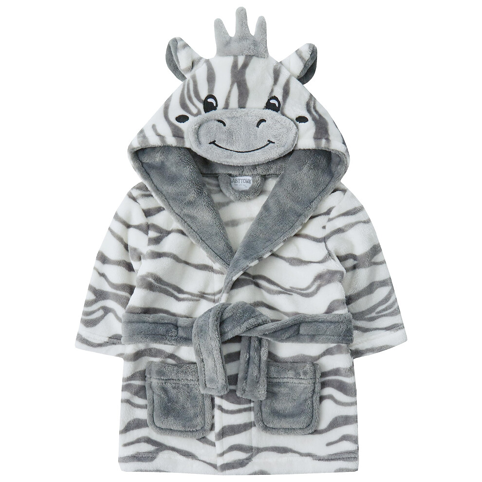 (Grey, 12-18 Months) Baby Boys Girls Unisex Zebra Robe Hooded 3D Animal Plush Fleece Dressing Gown 0-24 Months-image-OPC-PFRZCHF-NEW