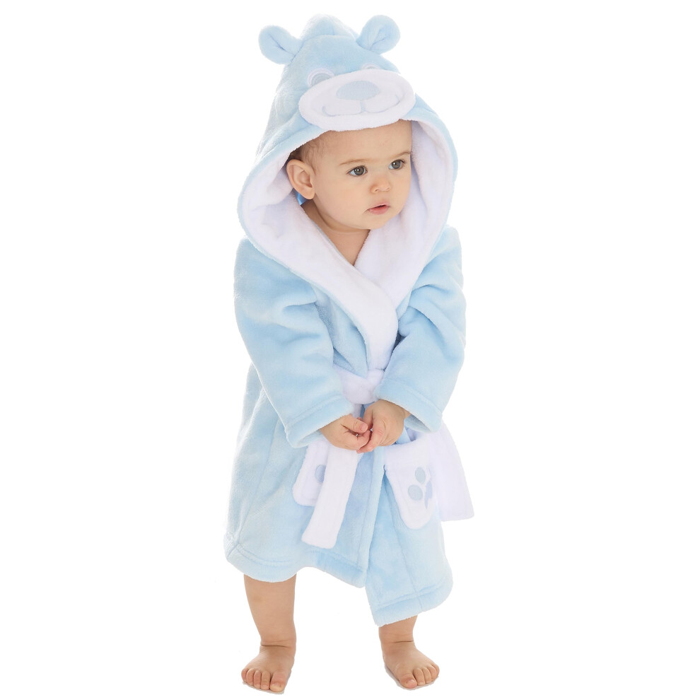 (Blue, 6-12 Months) Baby Girls Boys Teddy Bear Dressing Gown Plush Fleece Hooded Robe 3D Bear Face Size 6-24 Months