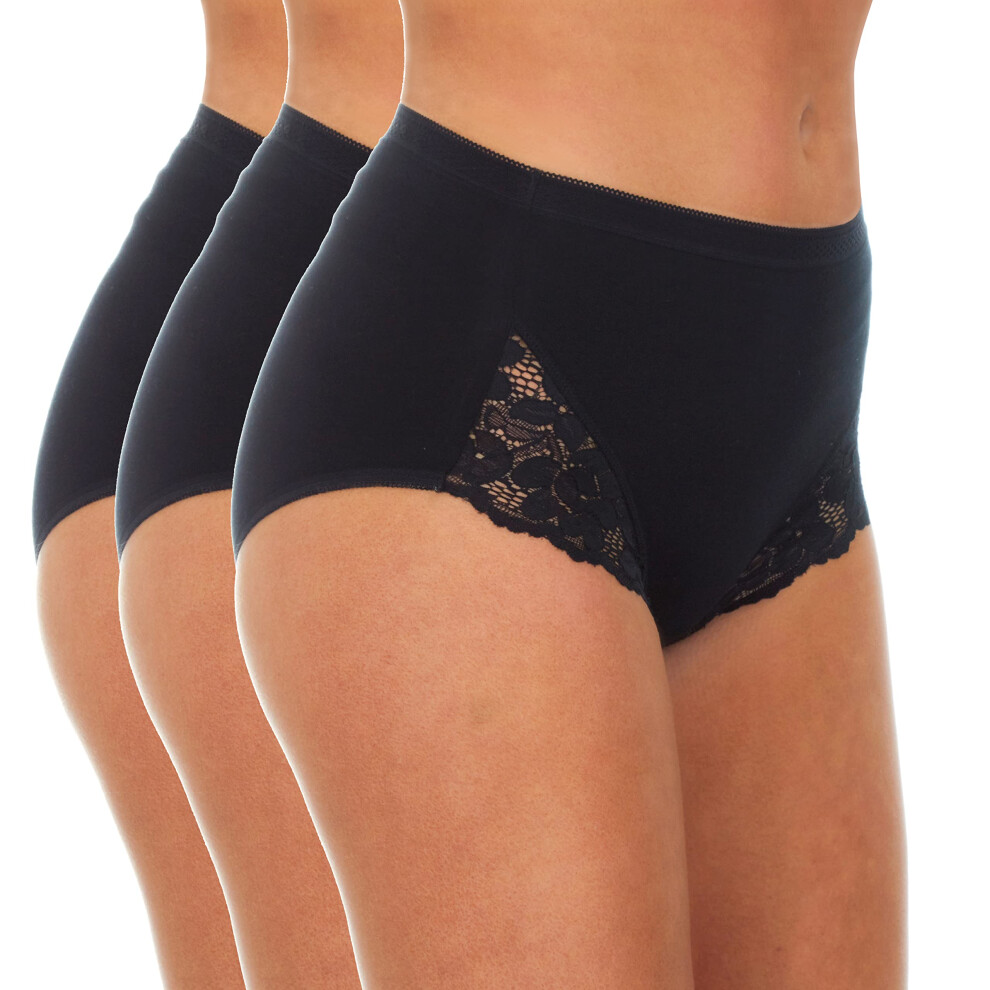 (Black, 24) Metzuayn 3 Pack Ladies Maxi Romance Briefs With Lace Details High Waist Cotton Breathable Knickers Underwear Comfort Womens Lingerie Sizes 12-24
