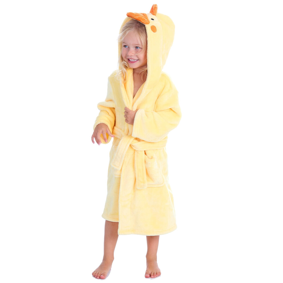 (Yellow, 4-5 Years) Kids Infant Girls Boys Unisex Hooded Dressing Gown Animal Themed Robe Size 2-6 Years