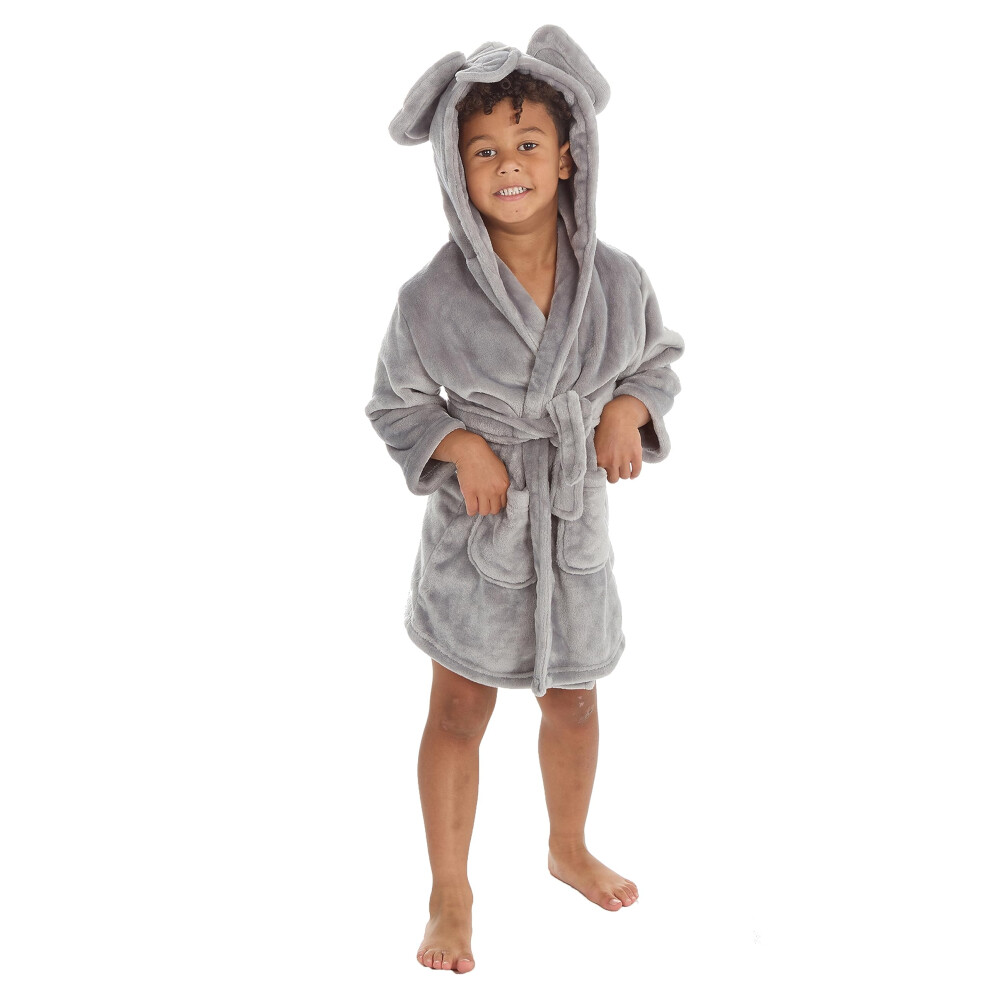 (Grey Elephant, 3-4 Years) Kids Infant Girls Boys Unisex Hooded Dressing Gown Animal Themed Robe Size 2-6 Years-image-OPC-PFRZDCT-NEW