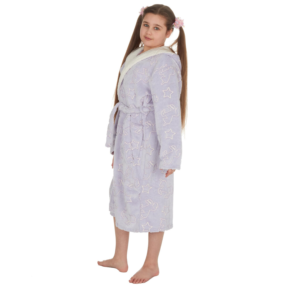 (Purple, 11-12 Years) Kids Girls Boys Hooded Dressing Gown Glow In The Dark Plush Fleece Robe Size 2-13 Years