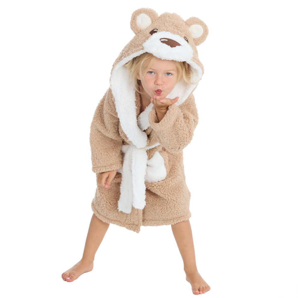 (Brown Bear, 5-6 Years) Kids Infant Boys Girls Unisex Teddy Bear Puppy Novelty Dressing Gown Snuggle Fleece Size 2-13 Years
