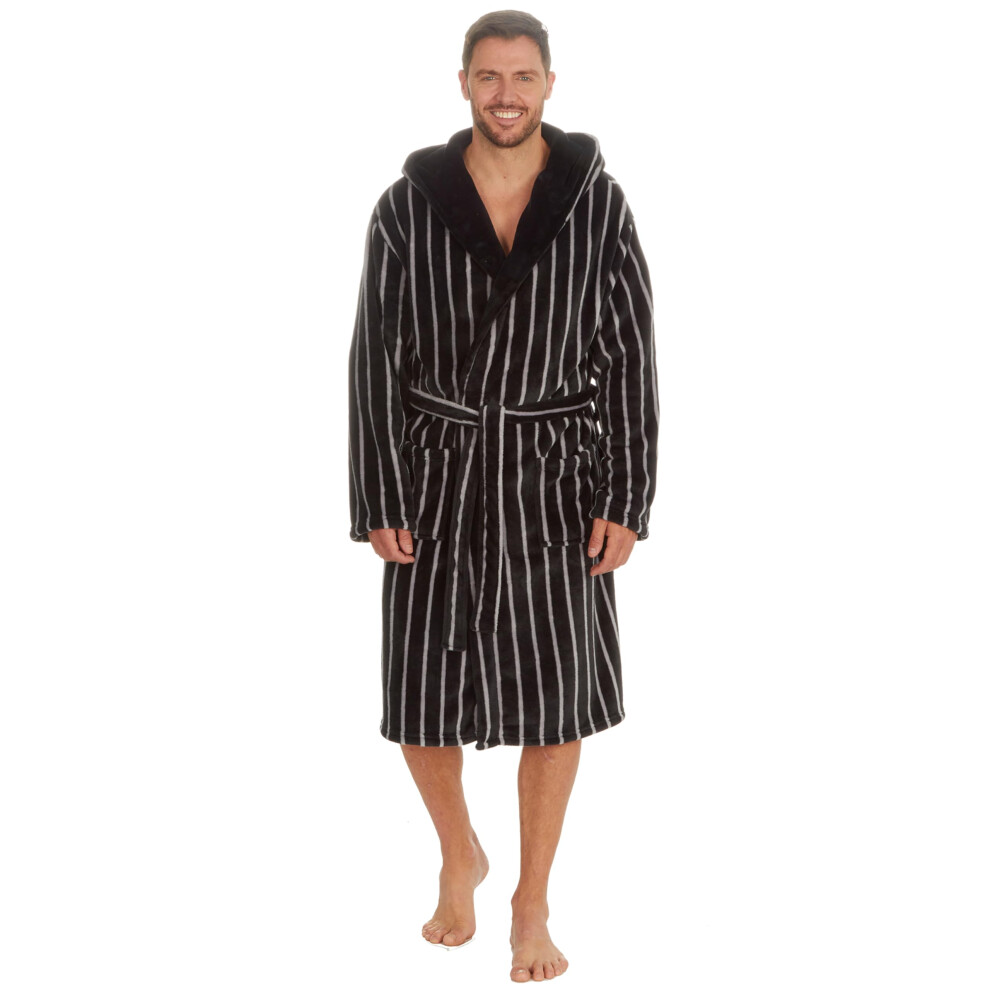 (Black, Large) Mens Hooded Stripe Flannel Plush Fleece Robe Striped Classic Dressing Gown Black Navy M-Xxl