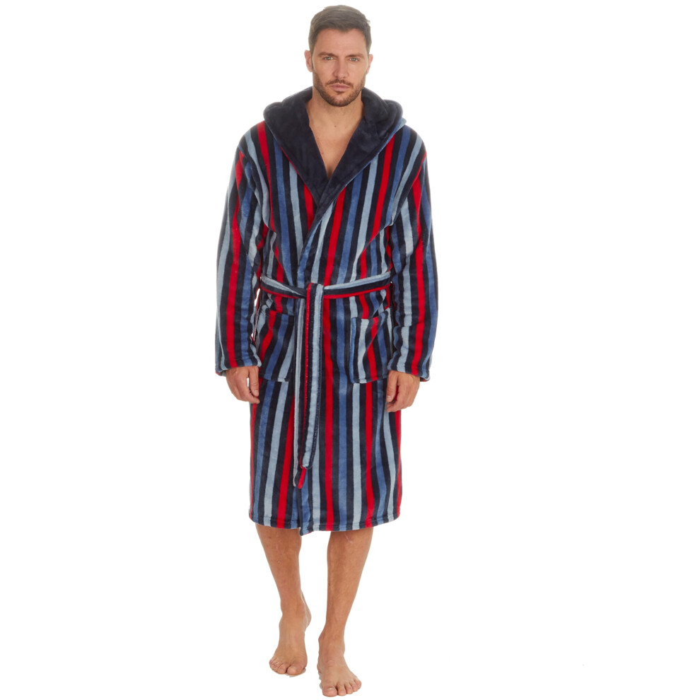 (Navy, Large) Mens Hooded Stripe Flannel Plush Fleece Robe Striped Classic Dressing Gown Black Navy M-Xxl