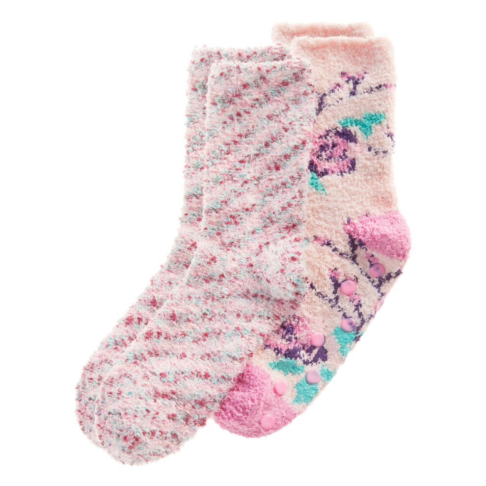 (2 Pairs Pink, 4-8) Ladies 2 Pairs Cosy Floral Butterfly Feather Yarn Popcorn Fluffy Winter Bed Lounge Socks Uk 4-8
