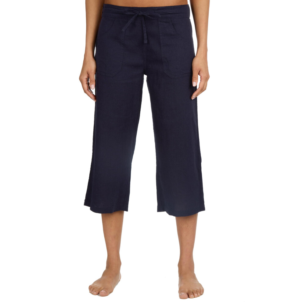 (Navy, 12) Ladies Linen 3/4 Trousers Summer Cropped Capri Pants Lightweight Wide Leg Bottoms Uk 10-20