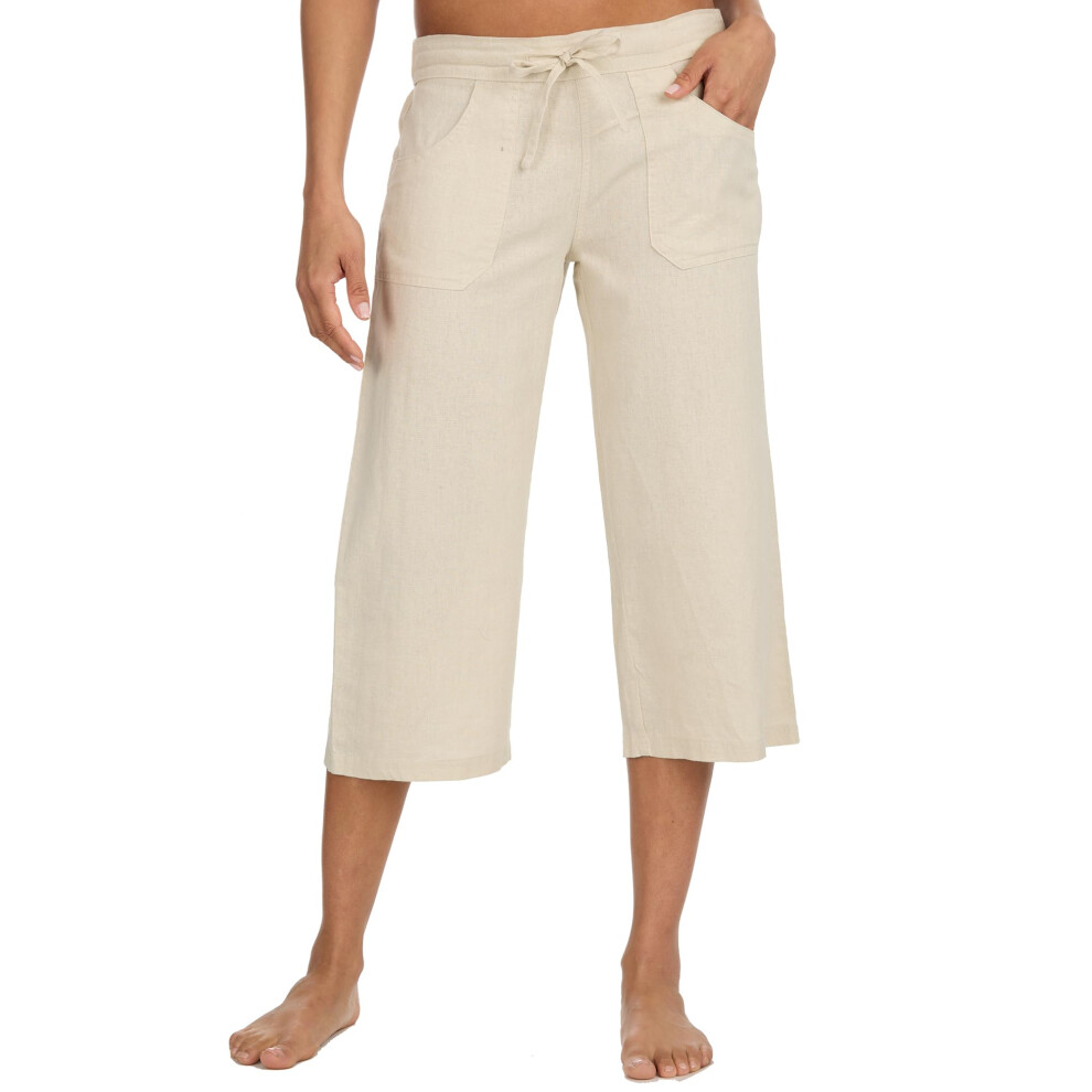 (Stone, 12) Ladies Linen 3/4 Trousers Summer Cropped Capri Pants Lightweight Wide Leg Bottoms Uk 10-20