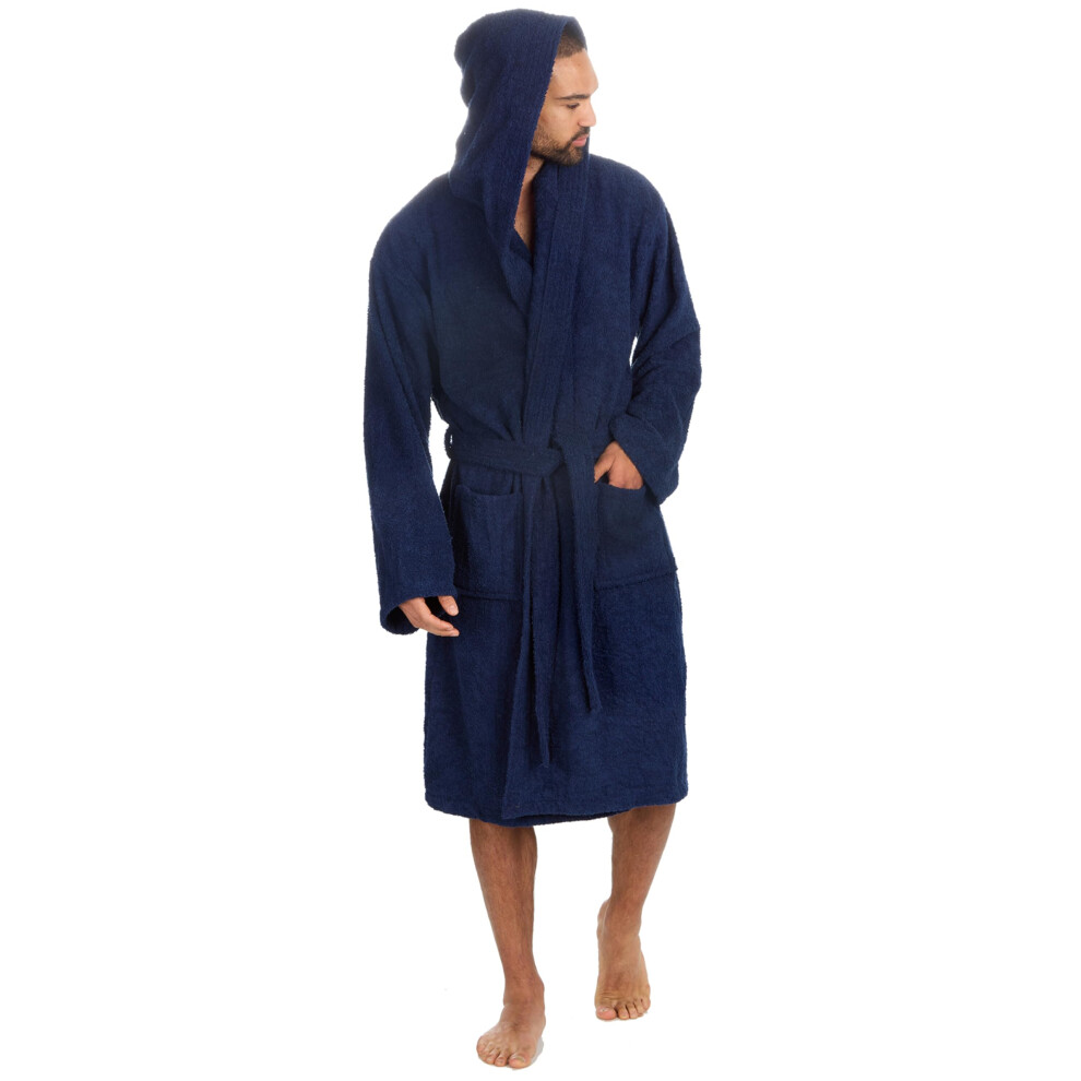 (Blue, M/L) Mens Terry Toweling Hooded Dressing Gown 100% Cotton Bathrobe Knee Length Absorbent Robe Size M-Xxl