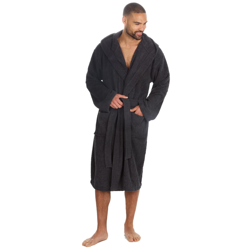 (Grey, M/L) Mens Terry Toweling Hooded Dressing Gown 100% Cotton Bathrobe Knee Length Absorbent Robe Size M-Xxl