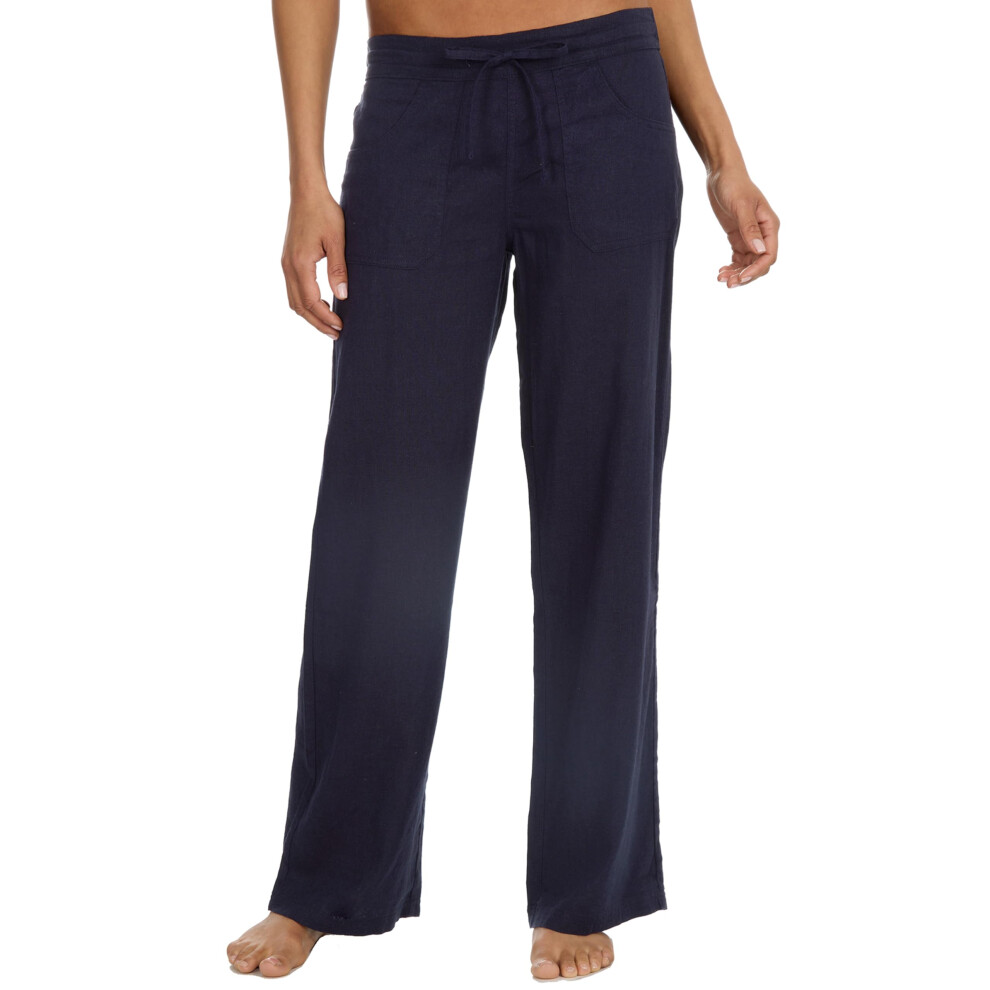 (Navy, 16) Ladies Linen Long Trousers Summer Lightweight Longline Chino Pants Wide Leg Breathable Uk 10-20