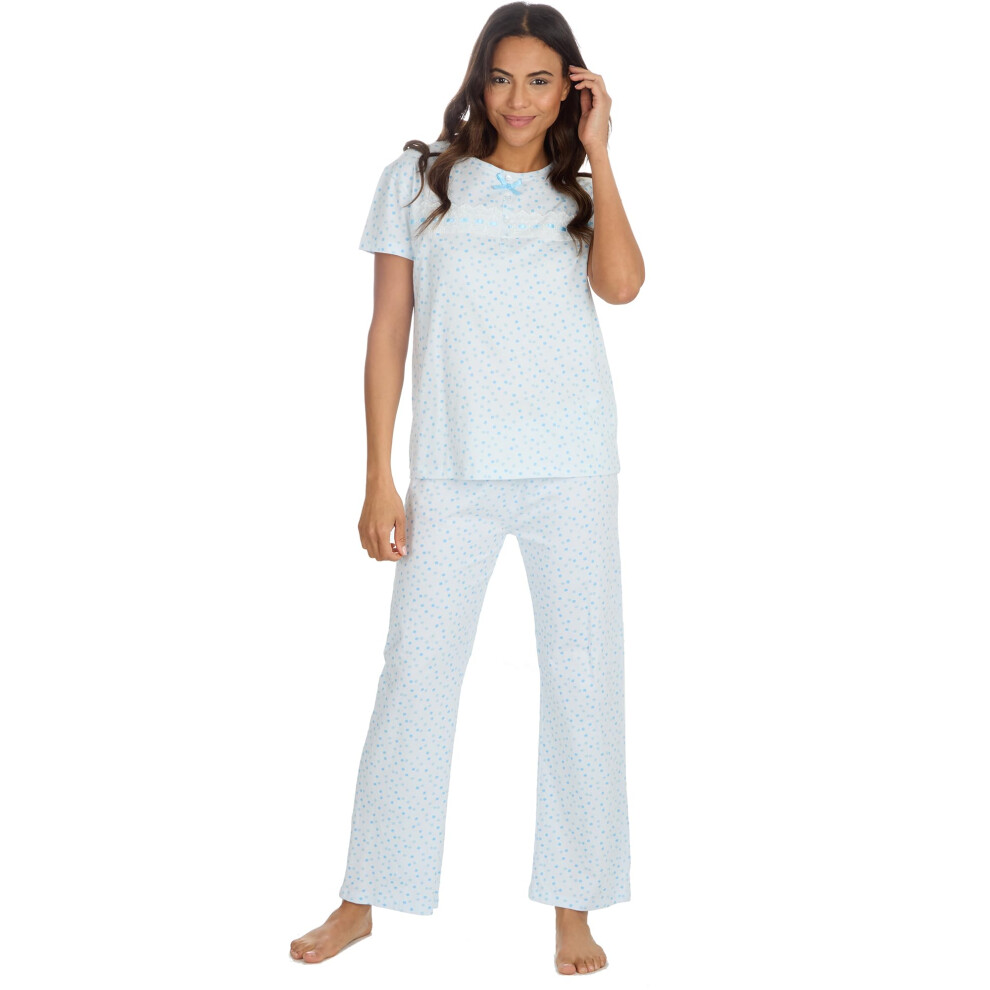 (Blue, Large) Womens 2-Piece Pyjama Short Sleeve T-Shirt & Long Pant Set 100% Cotton Pj'S Uk S-Xl