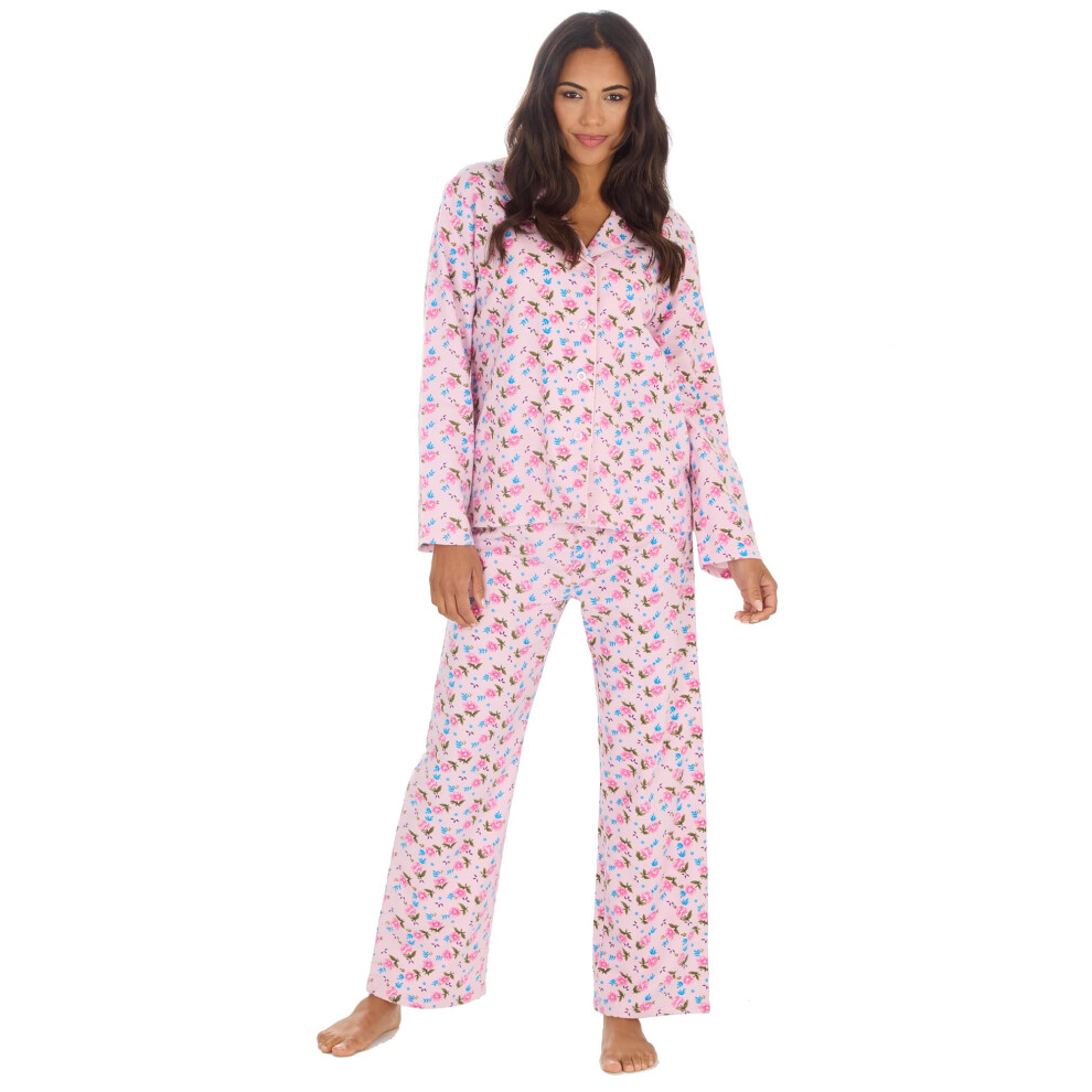 (Pink, 18-20) Ladies Floral 100% Brushed Cotton Pyjama Set Button Down Long Classic Pyjamas Lounge Set Sizes Uk 10-24