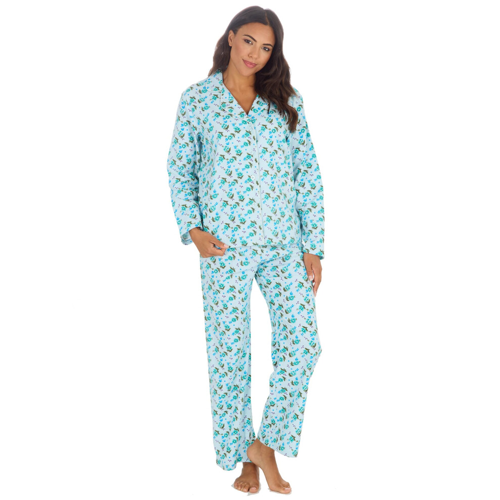 (Blue, 18-20) Ladies Floral 100% Brushed Cotton Pyjama Set Button Down Long Classic Pyjamas Lounge Set Sizes Uk 10-24