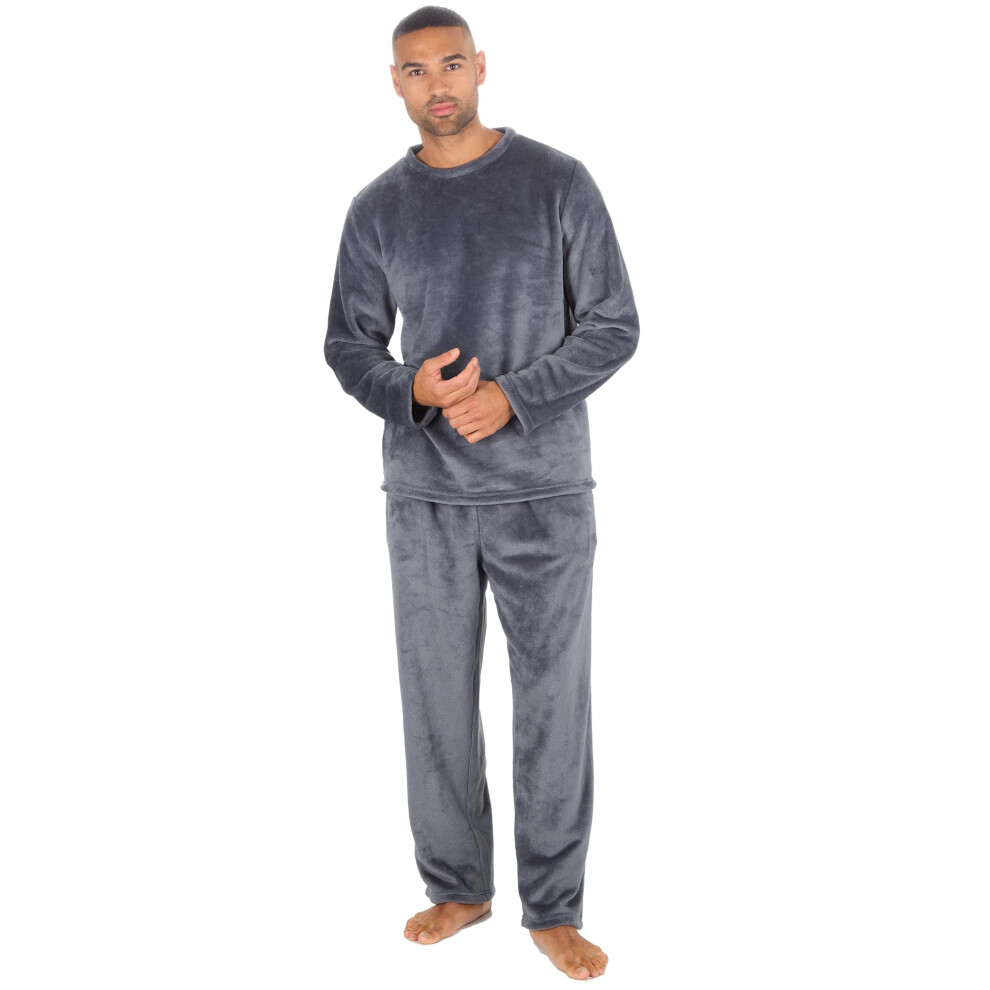 (Grey, Large) Mens Plush Fleece Lounge Set Warm Pyjama Set Long Top And Bottoms Twoise Loungewear Housewear Size S-Xxl