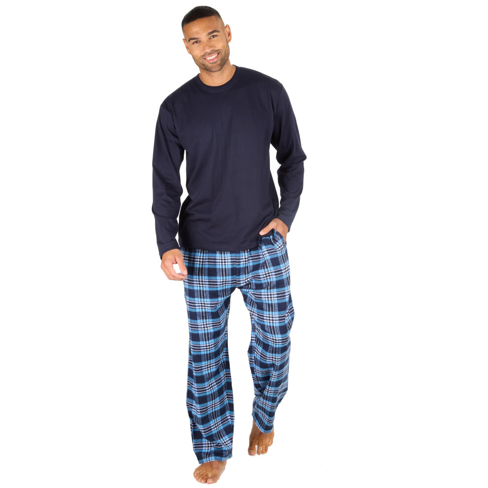 (Navy, X-Large) Mens Jersey Long Pyjama Set Long Sleeved Crew Neck Check Long Pants Nightwear Pyjamas 2-Piece Pj'S Size S-Xxl