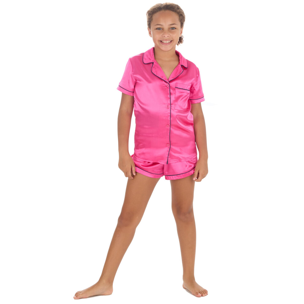 (Pink, 13 Years) Kids Girls Silky Satin Pyjama Set Luxury 2-Piece Pjs Short Sleeved Pyjamas Sizes 9-13 Years