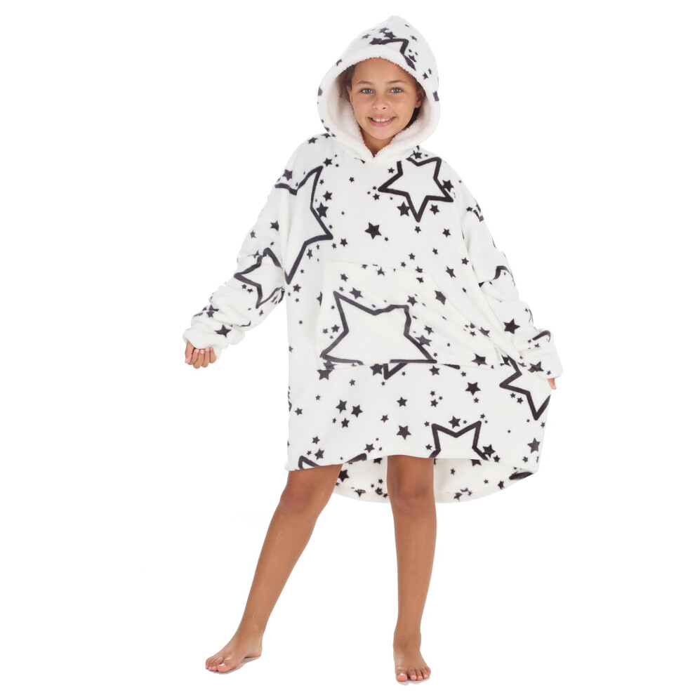 (White, 7-13 Years) Huggable Hoodie Kids Girls Novelty Printed Oversized Hoodie Blanket Plush Fleece Snuggle Giant Hoody Warm Lounge Top One Size