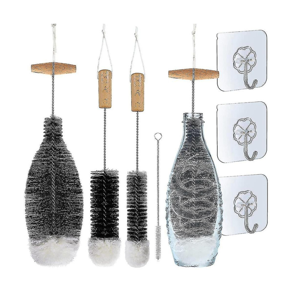 Bottle Brush Cleaning Brush, Pack Of 4 Bottle Brushes And 3 Organising Hooks Bottle Cleaner For Was