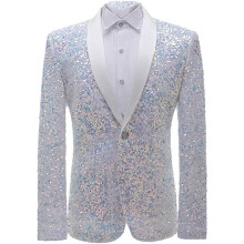 (White, 2XL) Glitter Sequin Tuxedo Blazer Luxury Shiny Stylish Suit Jacket