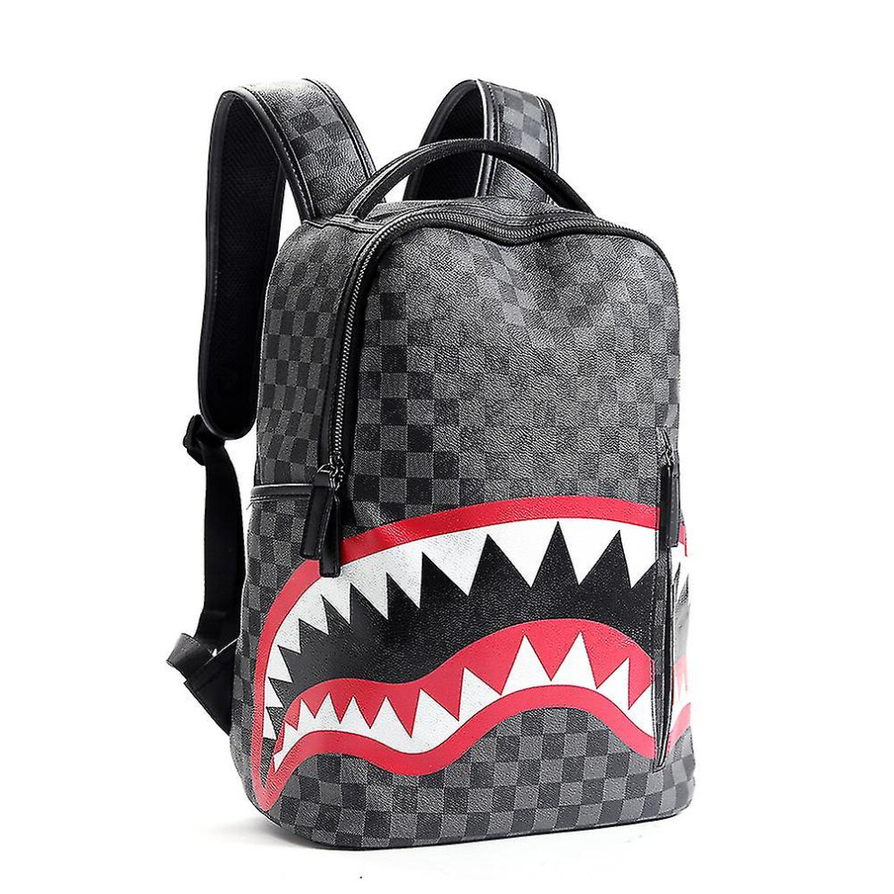 (white) 2023 Men's Backpack Satchel Fashion Plaid Backpack Student Backpack High-volume Fashion Shark Backpack