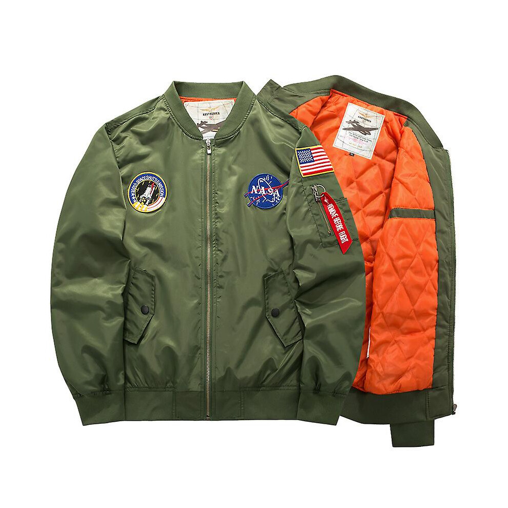 (Army Green, M) Mens Flight Jacket Nasa  Athletic Coat Ma1 Pilot Bomber Army Jacket Varsity Biker Outwear