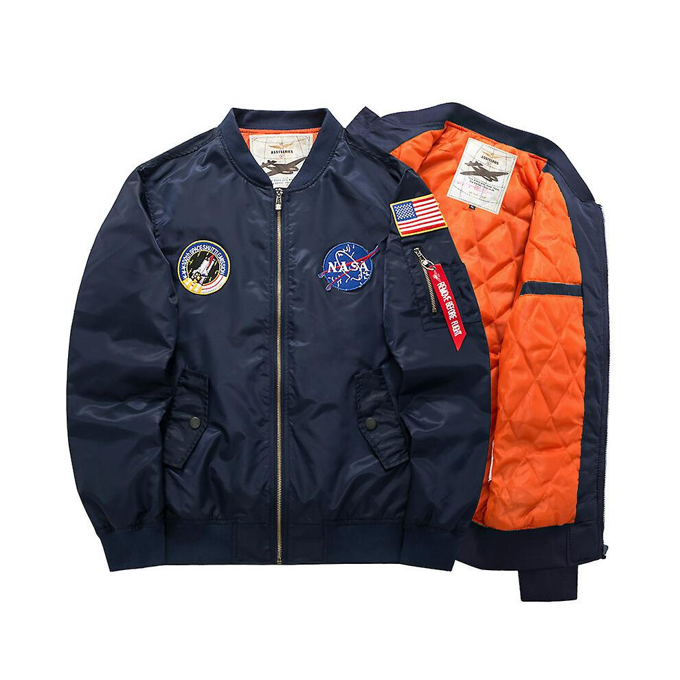 (Navy L) Mens Flight Jacket Nasa Athletic Coat Ma1 Pilot Bomber Army Jacket Varsity Biker Outwear Blue