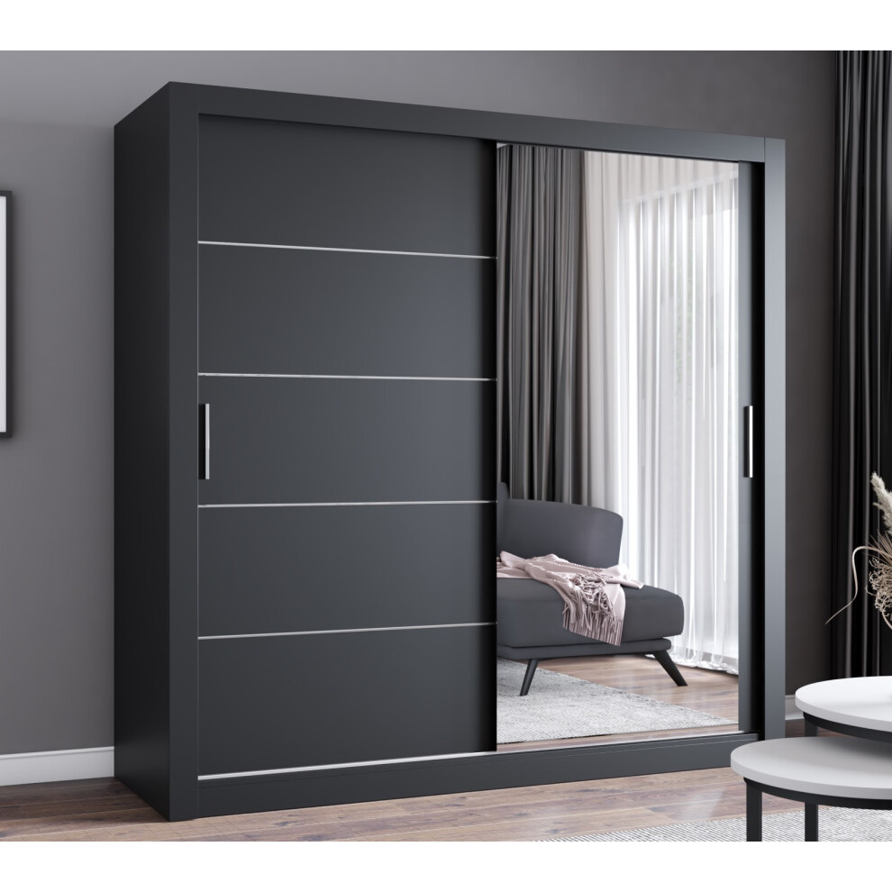 (203cm, Black) FHI-IBIZA Modern Sliding Door Wardrobe