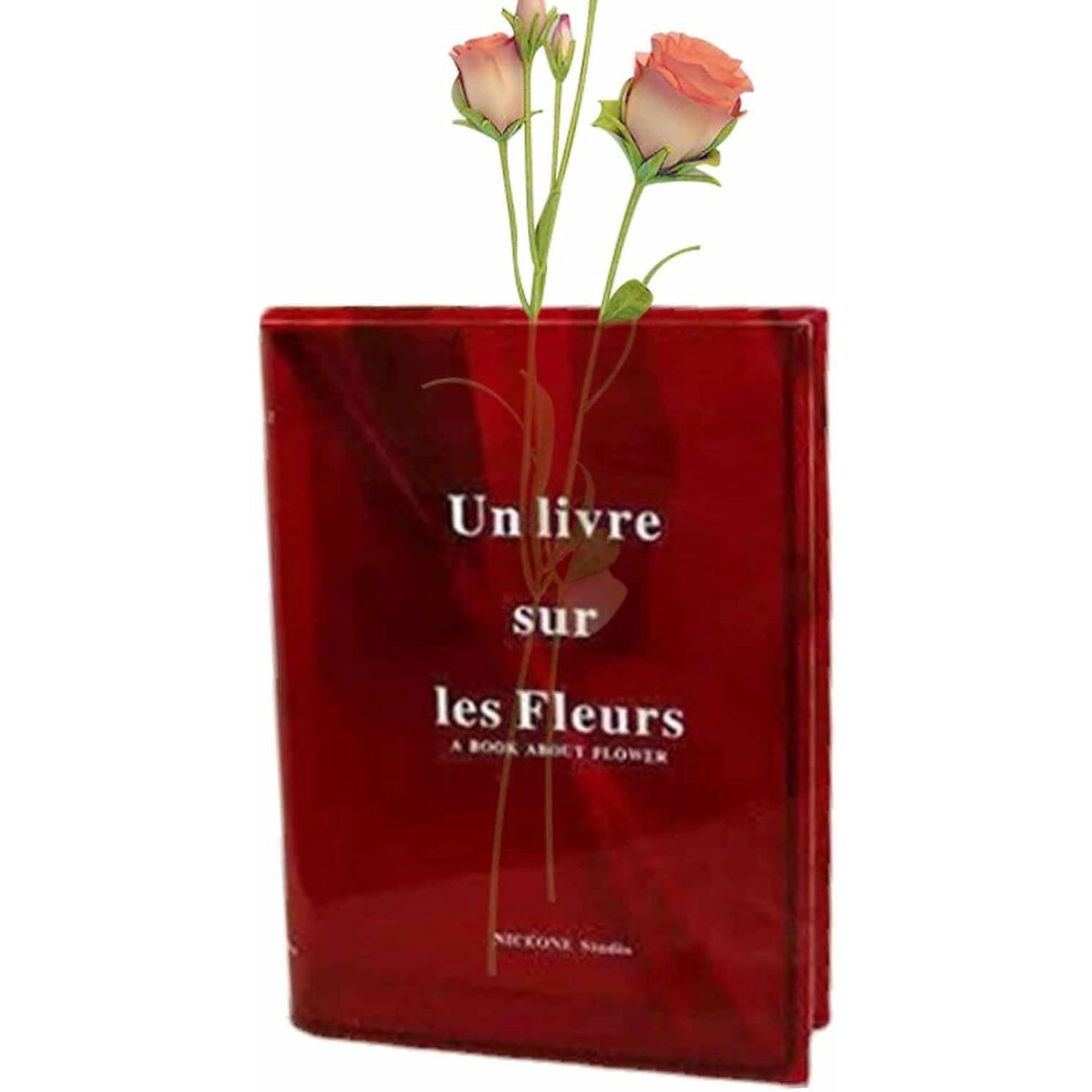 (Dark Red Without Flowers) Book Shaped Vase, Clear Book Flower Vase, 2023 New Clear Book Flower Vase, Artistic Decorative Acrylic Vase, Cute Bookshelf