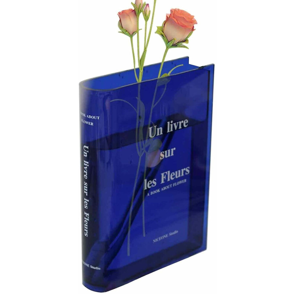 (Blue Without Flowers) Book Shaped Vase, Clear Book Flower Vase, 2023 New Clear Book Flower Vase, Artistic Decorative Acrylic Vase, Cute Bookshelf Dec