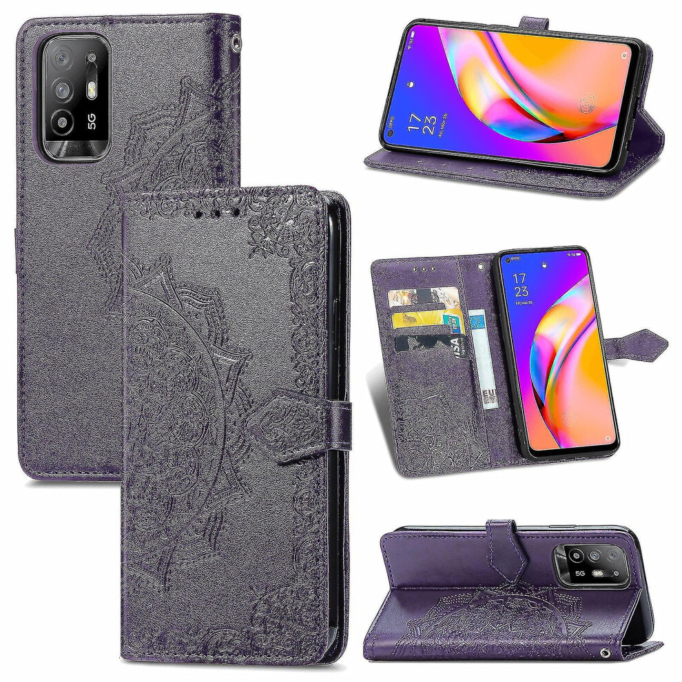 Oppo A94 5G/A95 5G Case Leather Wallet Cover Emboss Mandala Magnetic Flip Protection Shockproof - Violet 7364070585281