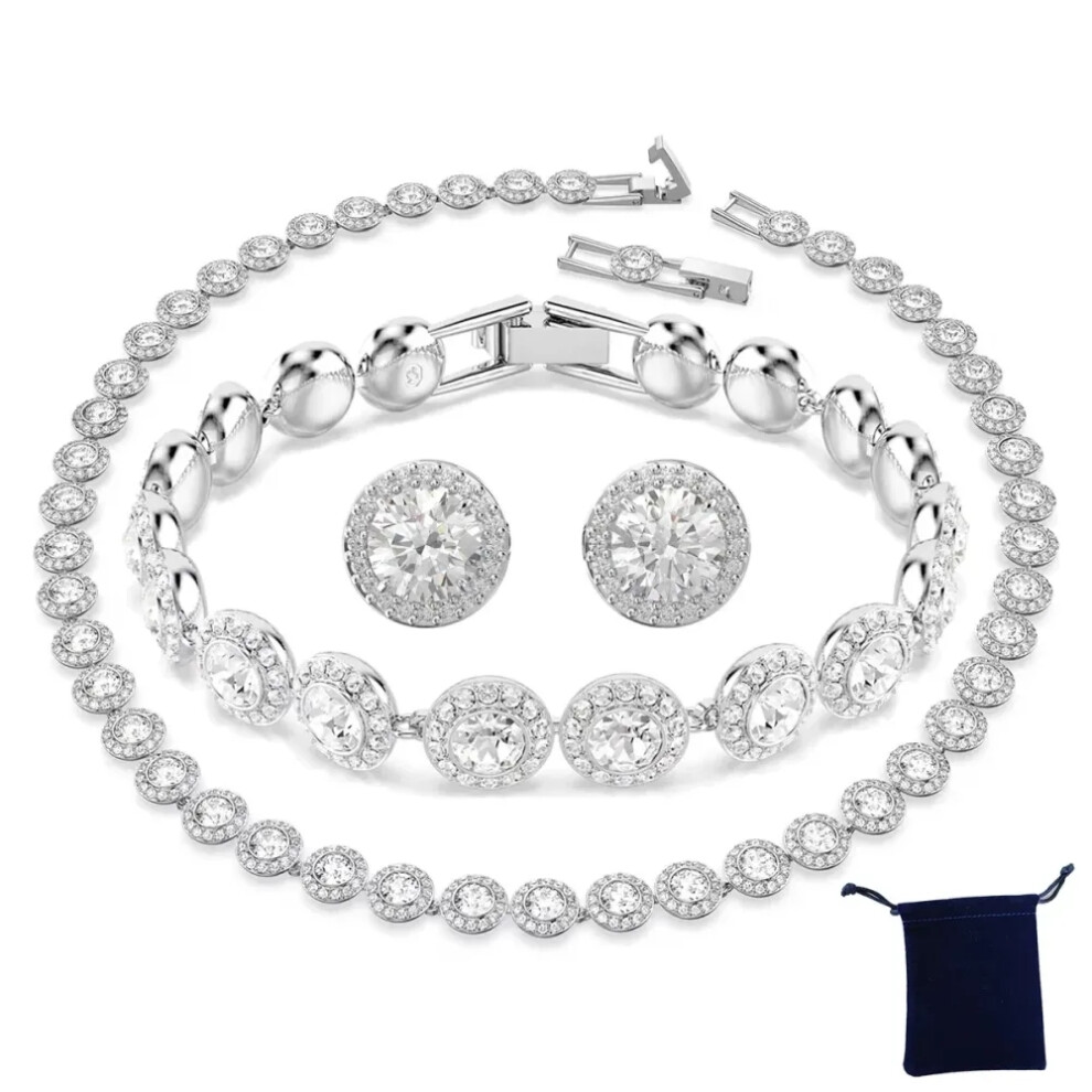 (SHLTZ1) Classic Happiness Diamond Round Crystal S925 Silver Earrings Bracelet Necklace Set Women Gorgeous Una Angelic Series Jewelry Set