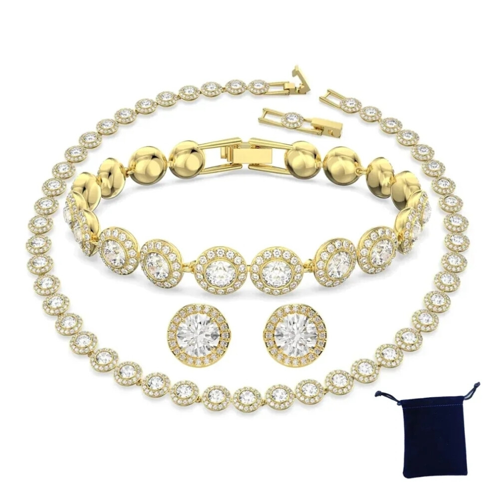 (SHLTZ2) Classic Happiness Diamond Round Crystal S925 Silver Earrings Bracelet Necklace Set Women Gorgeous Una Angelic Series Jewelry Set