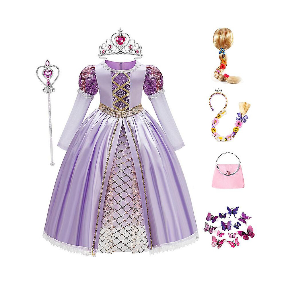 (Only Purple Crown kit, 110cm) Tangled Rapunzel Princess Dress Skirt Halloween Party Cosplay Costume Girls Dress Wig Handbag