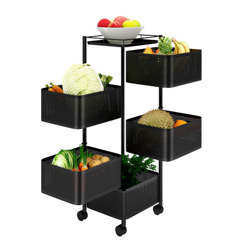 5 Tier Trolley Basket Rack Kitchen Storage Vegetable cart With Wheels