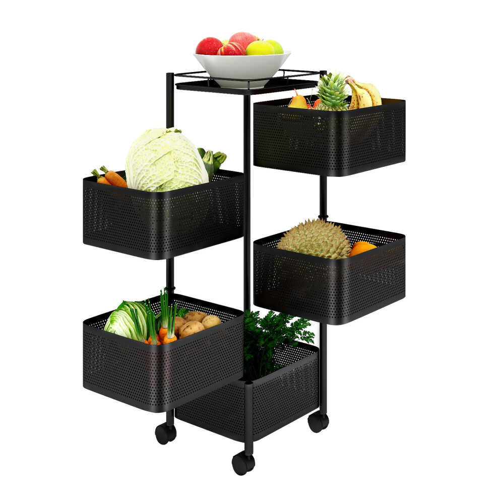 5 Tier Trolley Basket Rack Kitchen Storage Vegetable Cart With Wheels Black