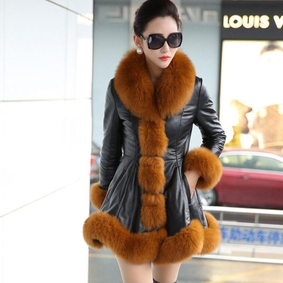(brown, S) Ladies Winter Faux Fox Fur Leather Coat Warm Fluffy Hoodie Thick Overcoat Plus Size Jacket Slim Fit