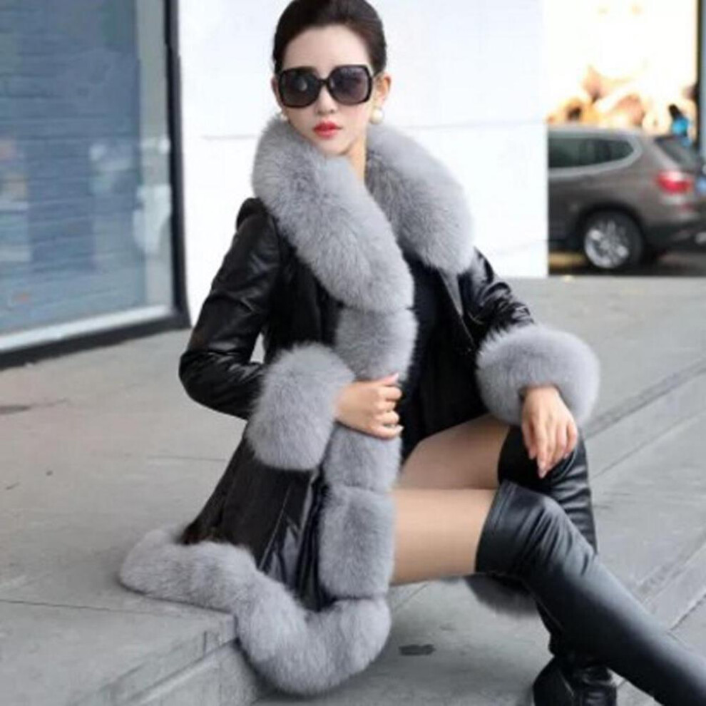 (black, XL) Ladies Winter Faux Fox Fur Leather Coat Warm Fluffy Hoodie Thick Overcoat Plus Size Jacket Slim Fit