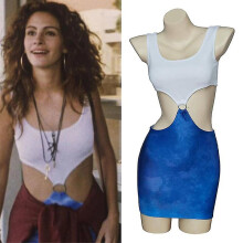 (L) Movie Pretty Woman Julia Roberts Cosplay Vivian Ward Sexy Blue Bare Waist Tie-dye Cutout Dress