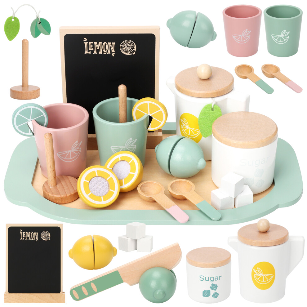 OSLINE Wooden Tea Set for Toddlers Pretend Play Toys, Tea Party Set for Girls Boys Birthday Gifts