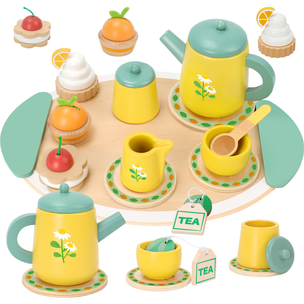 OSLINE Wooden Tea Set for Toddlers,Pretend Play Kids Toys for Girls Boys Birthday Gifts Yellow